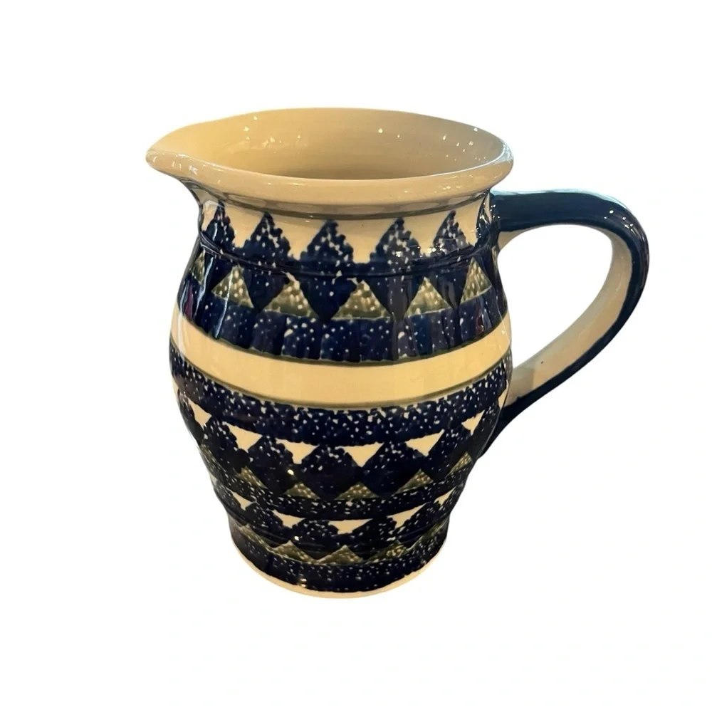Boleslawiec Pitcher Jug Polish Pottery Blue Triangle Water Juice Tea Milk 32oz.